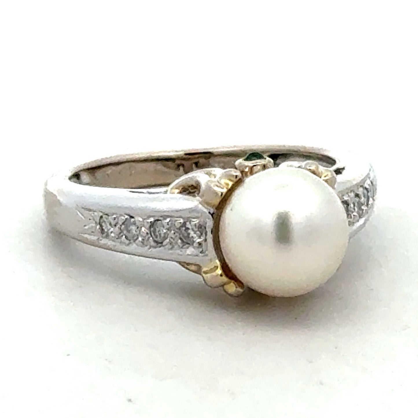 Designer 14K White Yellow Gold Diamond Emerald Pearl Solitaire Anniversary Ring