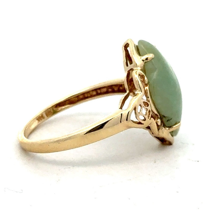 Designer 14K Yellow Gold Clover Green Jade Open Work Ring