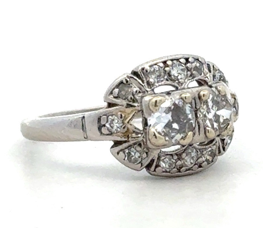 Vintage Platinum Art Deco Round Diamond Duo Engagement Ring