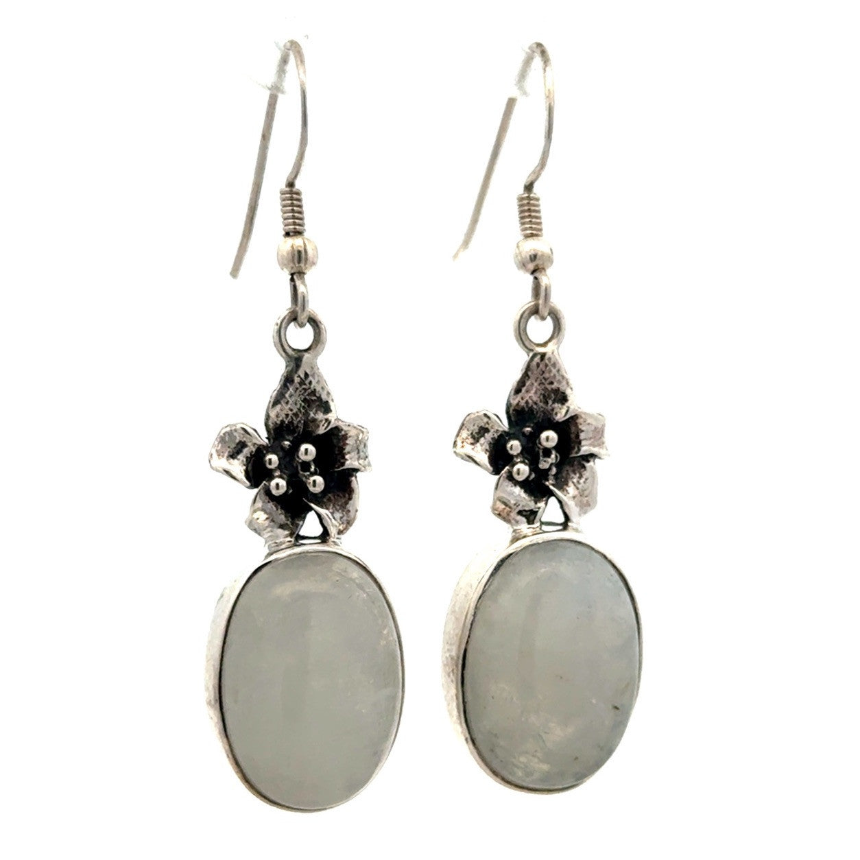 925 Sterling Silver Oval Moonstone Flower Hook Dangle Earrings