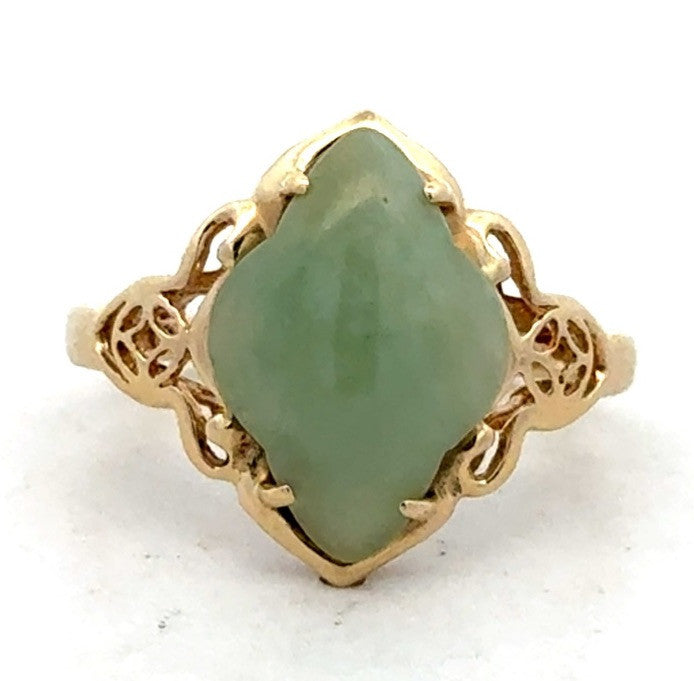 Designer 14K Yellow Gold Clover Green Jade Open Work Ring