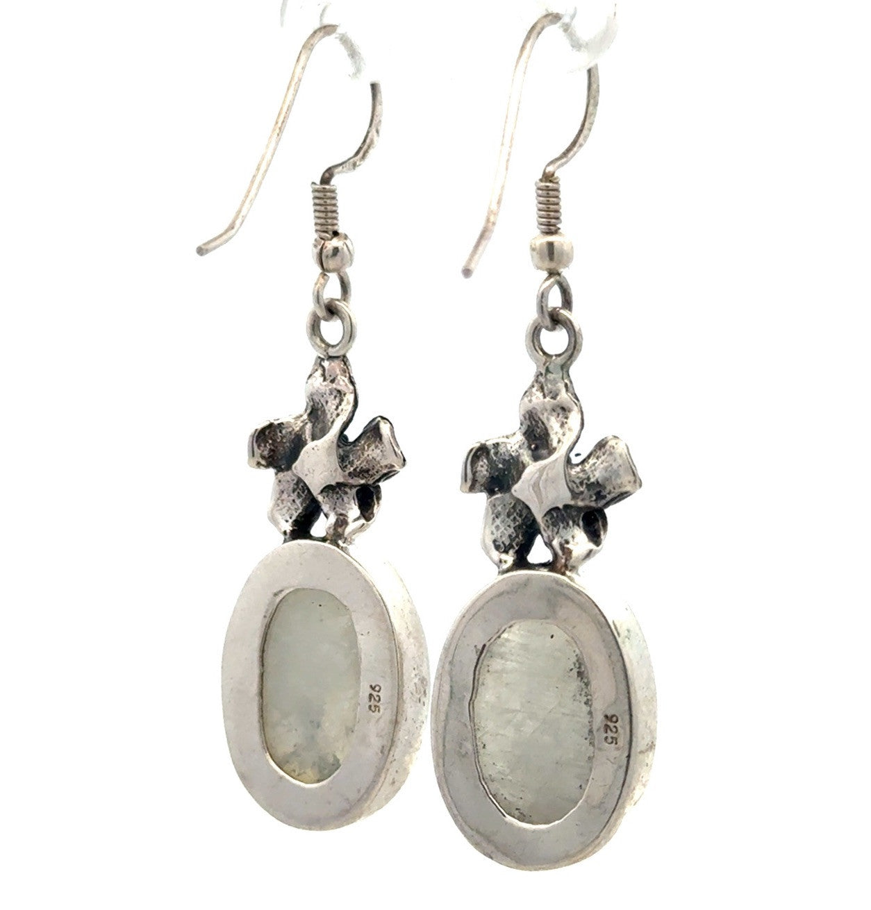 925 Sterling Silver Oval Moonstone Flower Hook Dangle Earrings