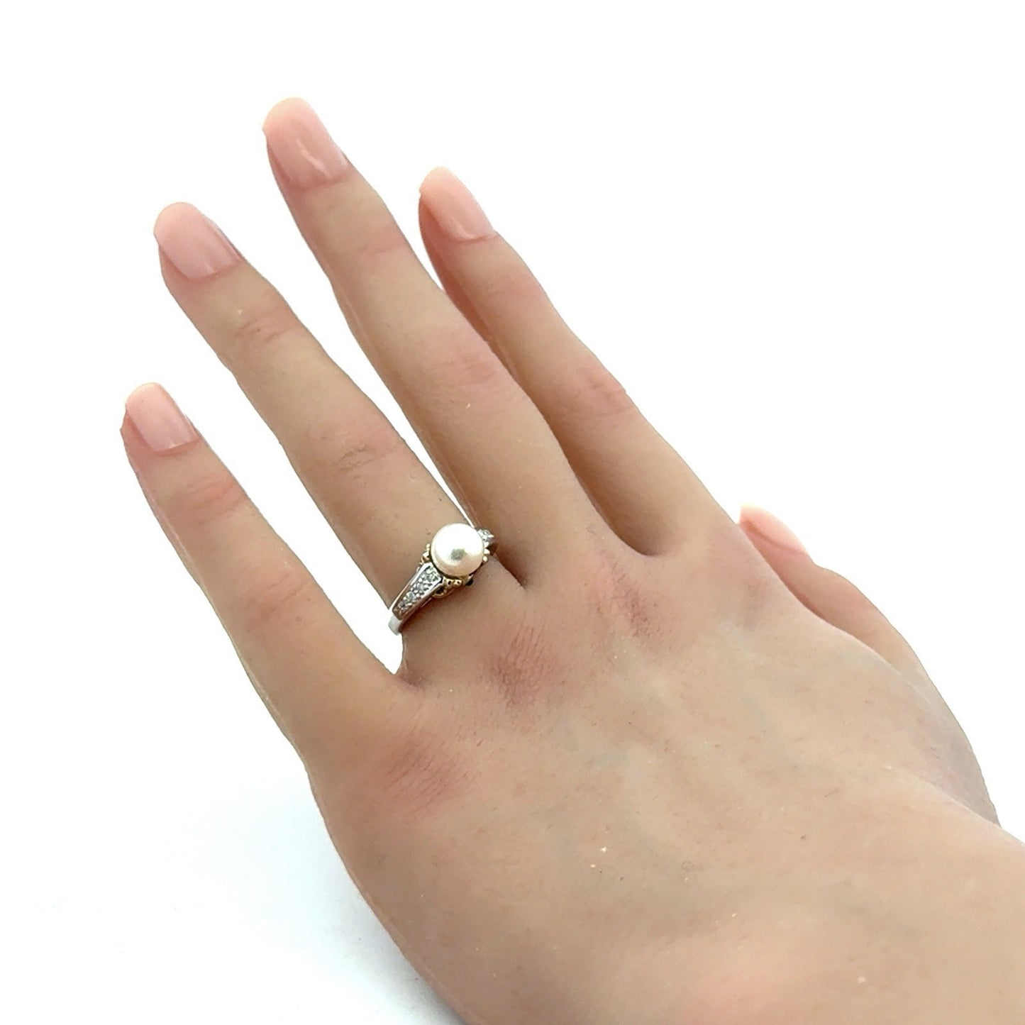 Designer 14K White Yellow Gold Diamond Emerald Pearl Solitaire Anniversary Ring