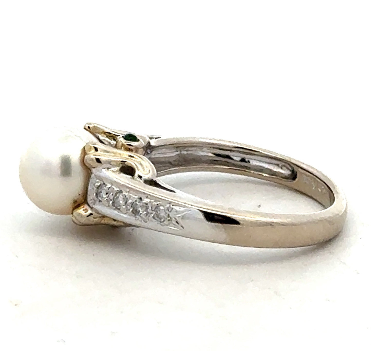 Designer 14K White Yellow Gold Diamond Emerald Pearl Solitaire Anniversary Ring