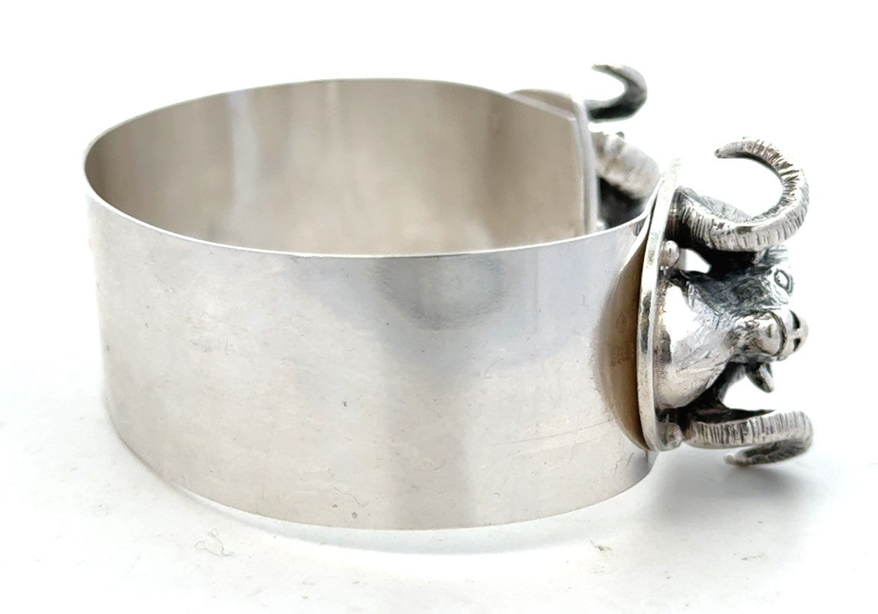 Artisan 925 Sterling Silver Ram's Head Aries Zodiac Statement Open Cuff Bracelet