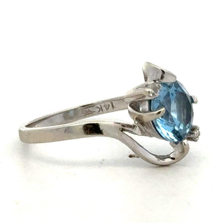 Designer 14K White Gold Round Blue Topaz Solitaire Diamond Ring