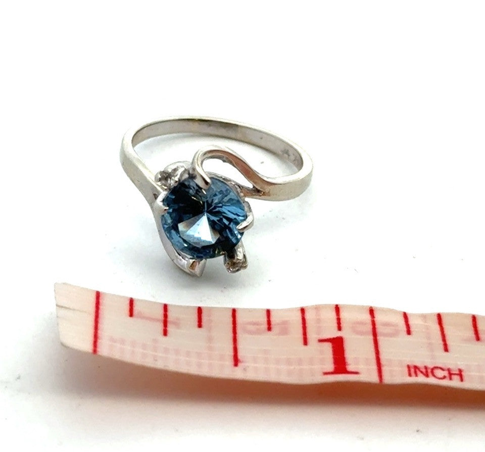 Designer 14K White Gold Round Blue Topaz Solitaire Diamond Ring