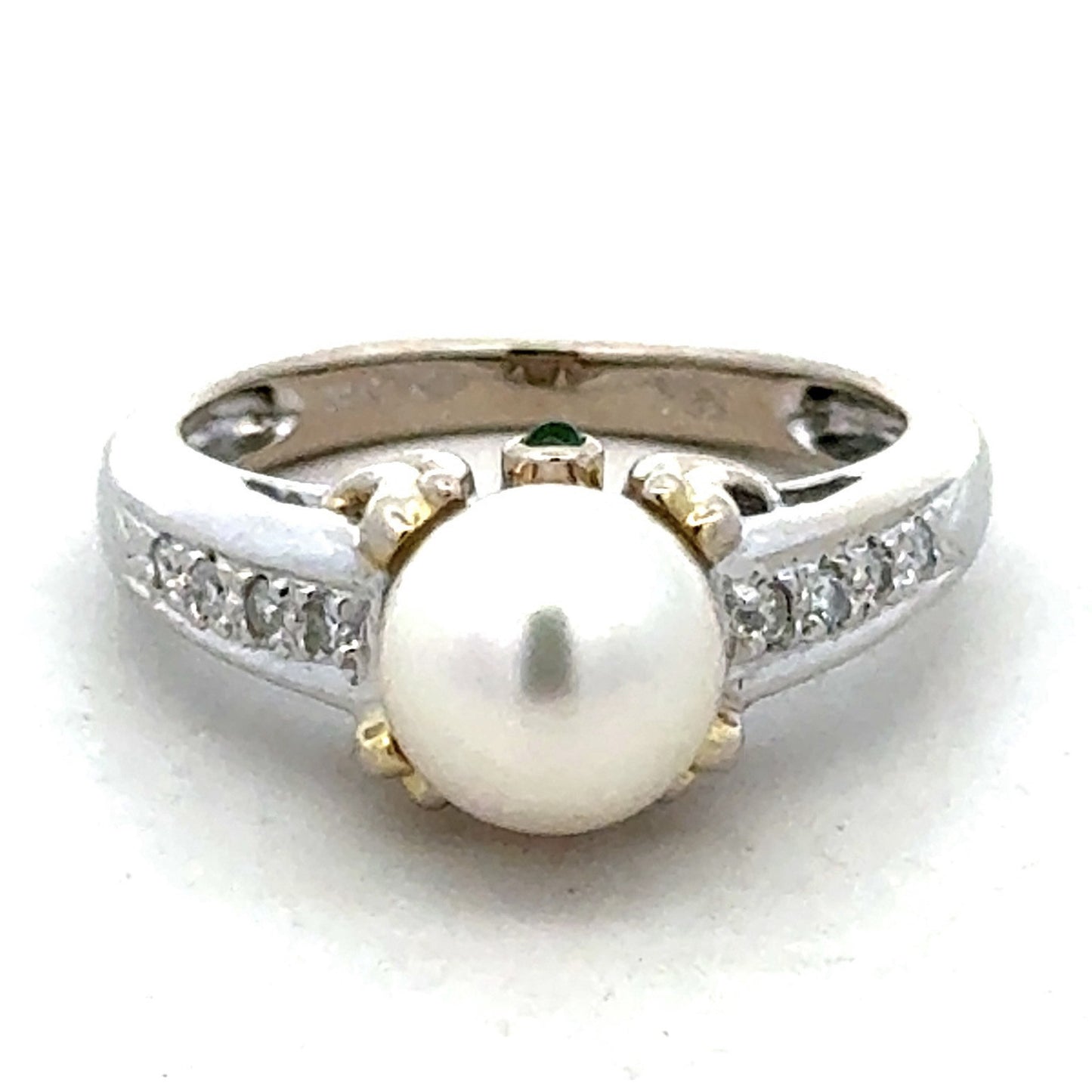 Designer 14K White Yellow Gold Diamond Emerald Pearl Solitaire Anniversary Ring