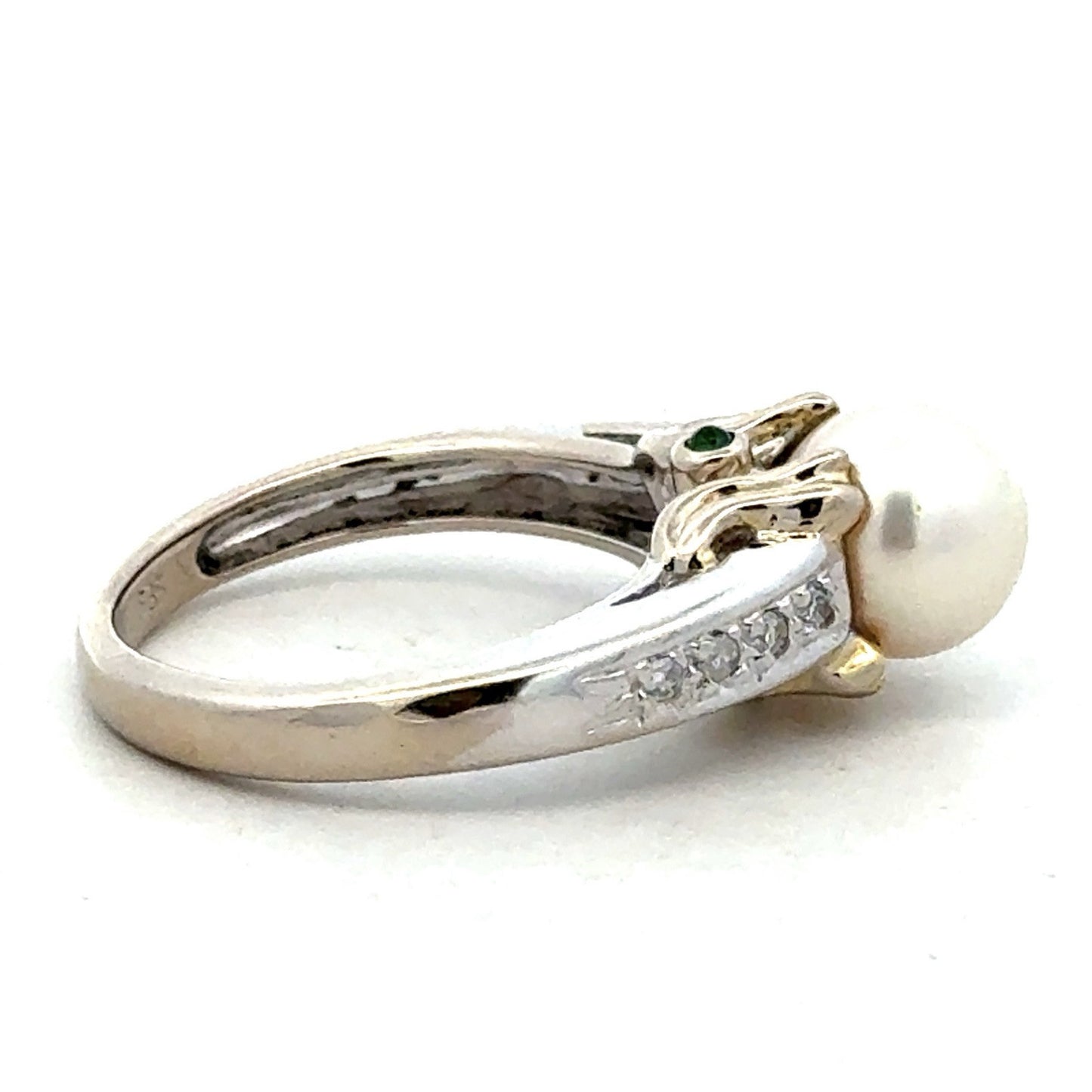 Designer 14K White Yellow Gold Diamond Emerald Pearl Solitaire Anniversary Ring