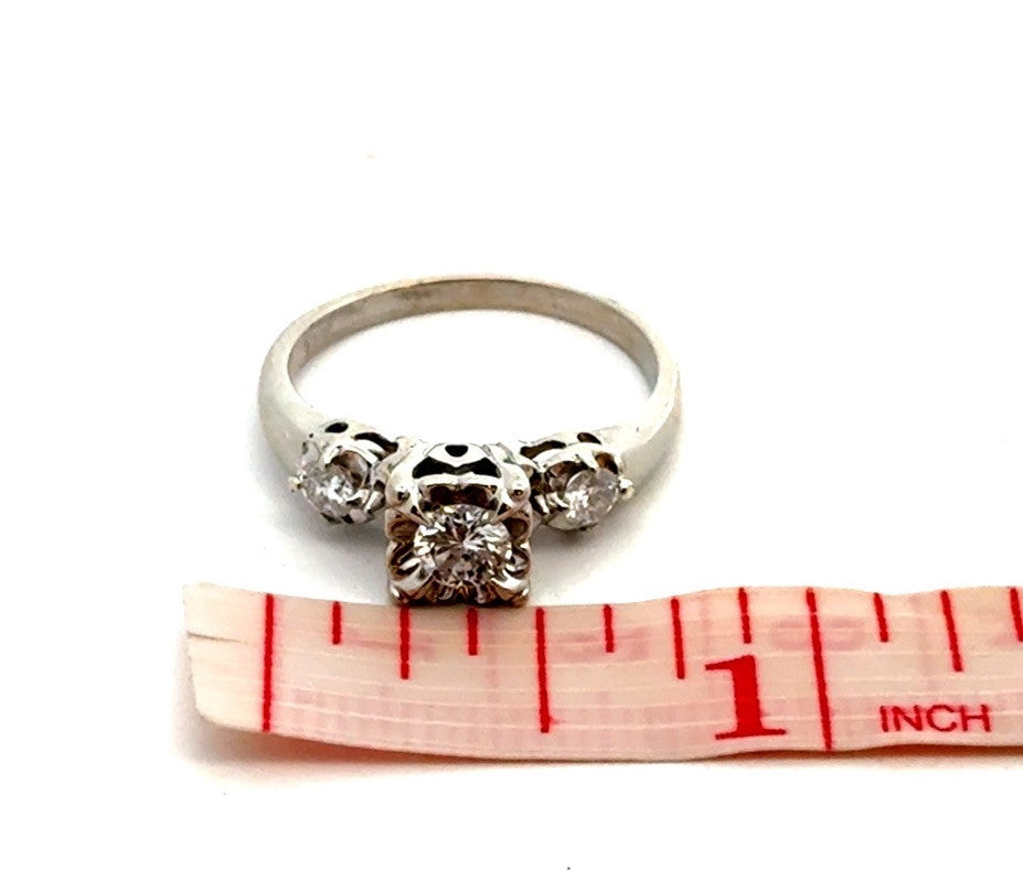 Estate 14K White Gold Round Square Illusion Set Diamond Trio Engagement Ring