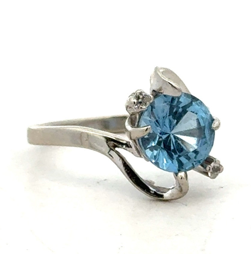 Designer 14K White Gold Round Blue Topaz Solitaire Diamond Ring
