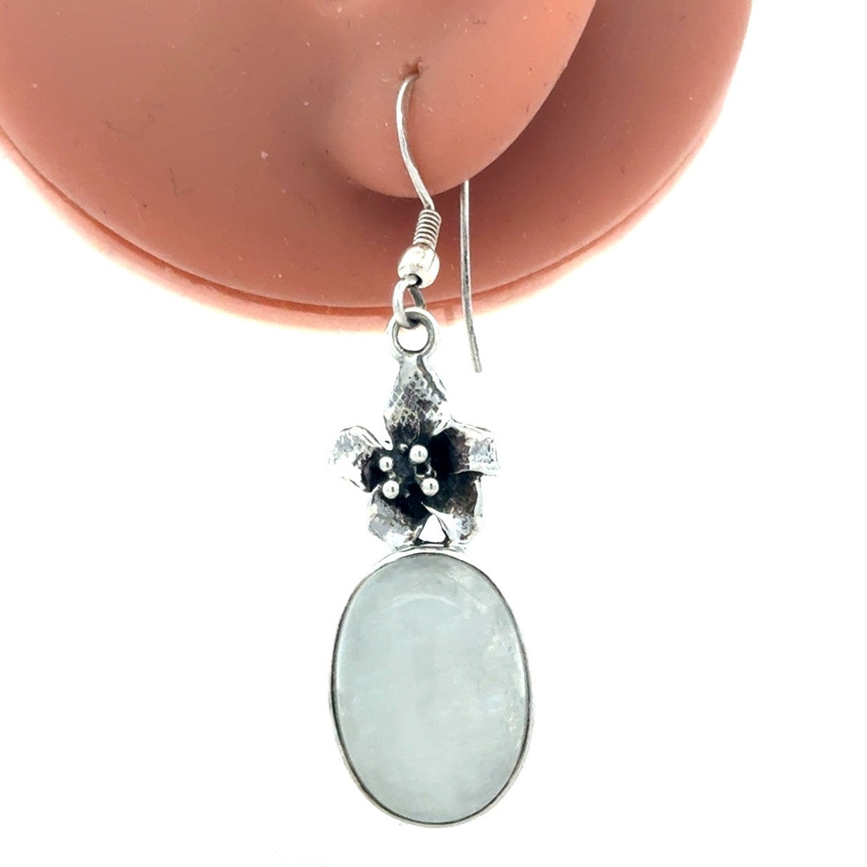 925 Sterling Silver Oval Moonstone Flower Hook Dangle Earrings