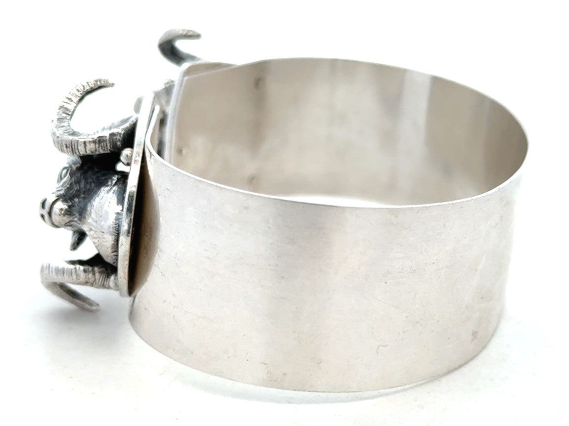 Artisan 925 Sterling Silver Ram's Head Aries Zodiac Statement Open Cuff Bracelet