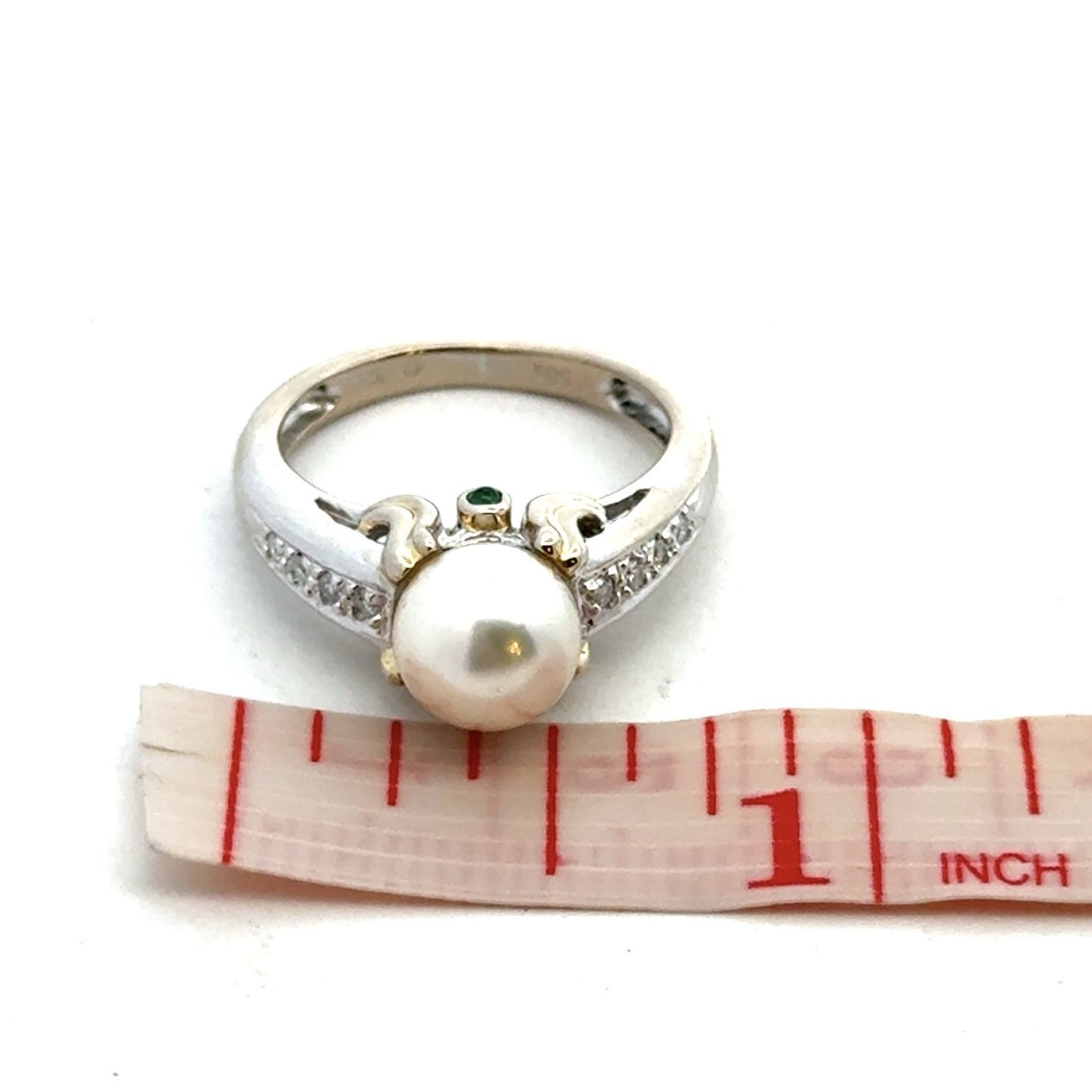 Designer 14K White Yellow Gold Diamond Emerald Pearl Solitaire Anniversary Ring