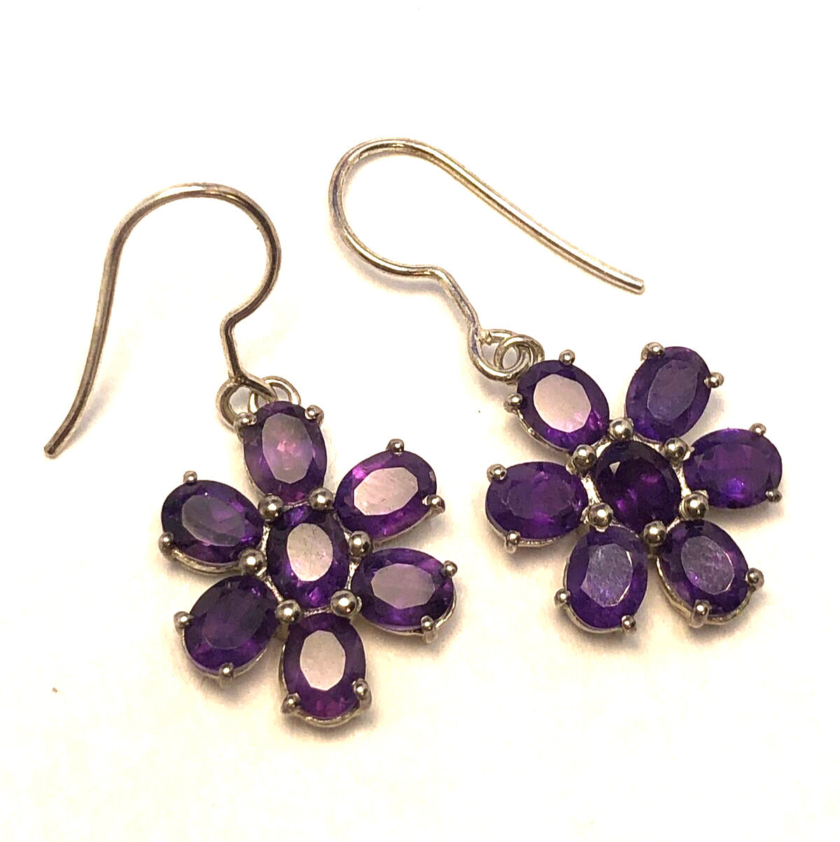 Designer TGGC 925 Sterling Silver Oval Amethyst Flower Dangle Hook Earrings