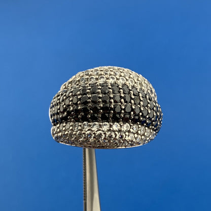 Estate JD 925 Sterling Silver Pave Black White Cubic Zirconia Dramatic Dome Ring