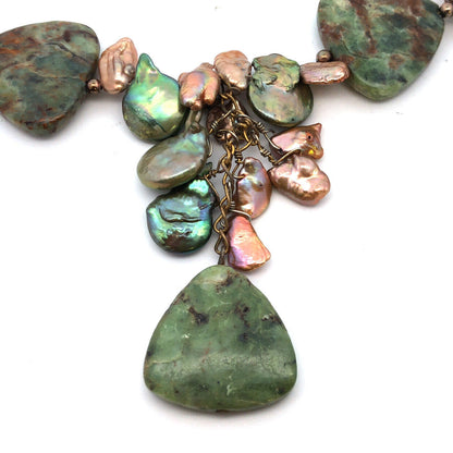 Vintage 925 Sterling Silver Green Jasper Baroque Pearl Necklace Earrings Set
