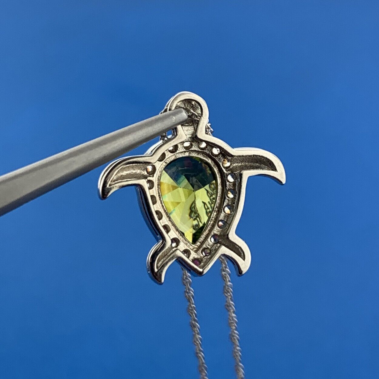 Karizia Spa Italy Sterling Silver Green Cubic Zirconia Turtle Pendant Necklace