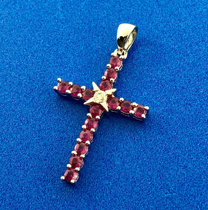 14K White Gold Ruby Diamond Cross Religious Communion Wedding July Pendant