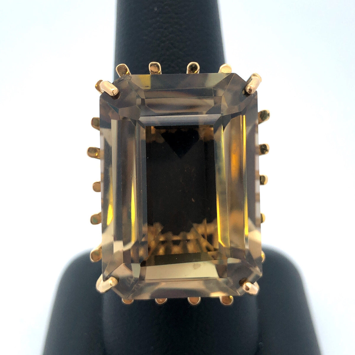 Retro 18K Yellow Gold Emerald Cut Smoky Topaz Statement Cocktail Finger Ring