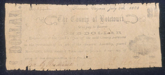 1862 $1 County of Botetourt, Fincastle, Virginia Obsolete Currency Bank Note
