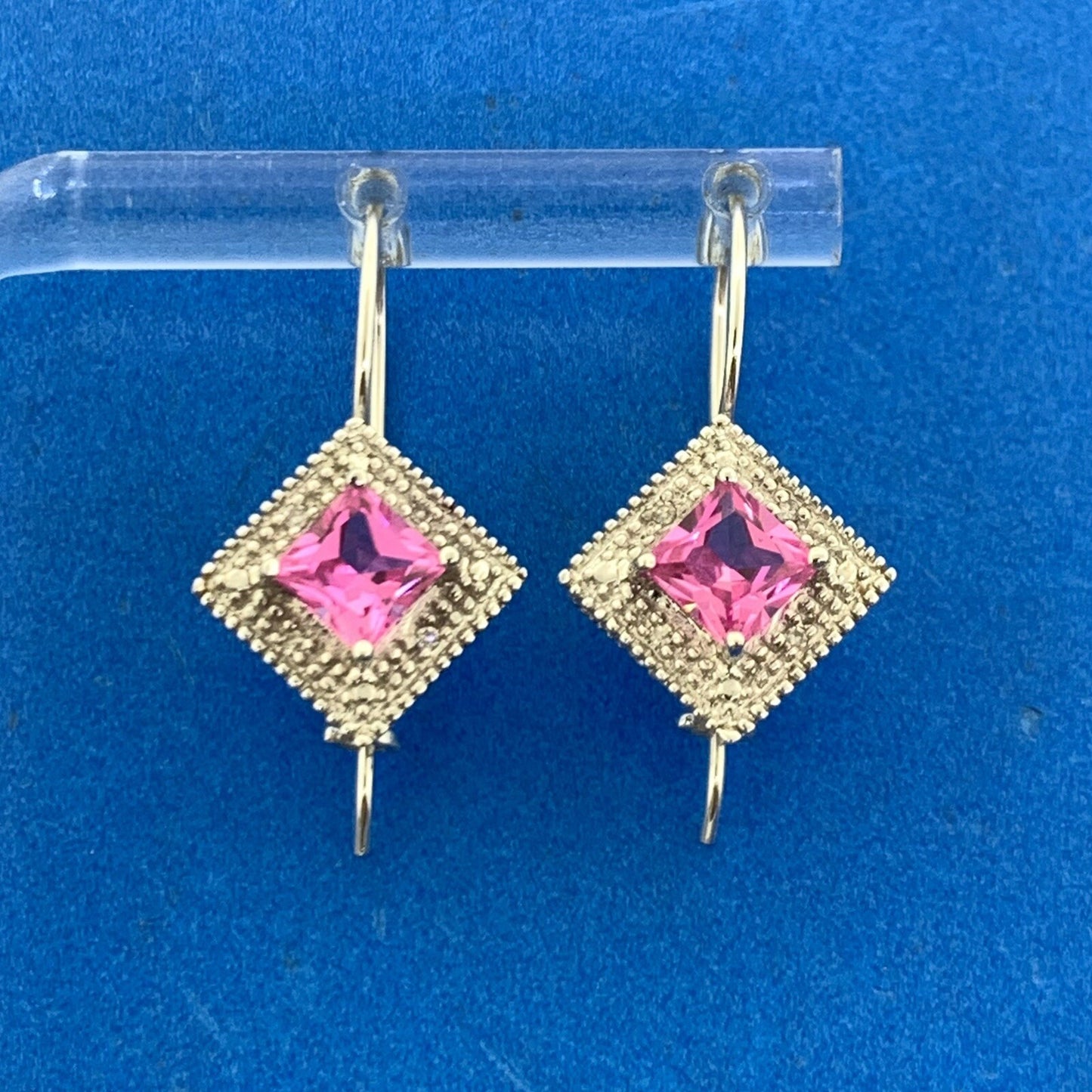 Designer 10K White Gold Princess Pink Sapphire Diamond French Hook Earrings