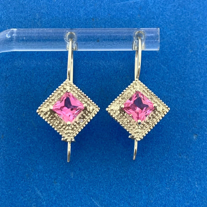 Designer 10K White Gold Princess Pink Sapphire Diamond French Hook Earrings