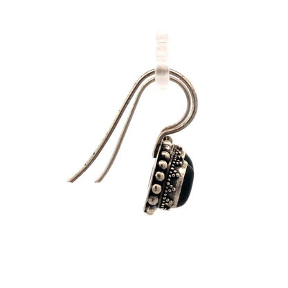 Vintage 925 Sterling Silver Oval Black Onyx Beaded Detail Dangle Hook Earrings