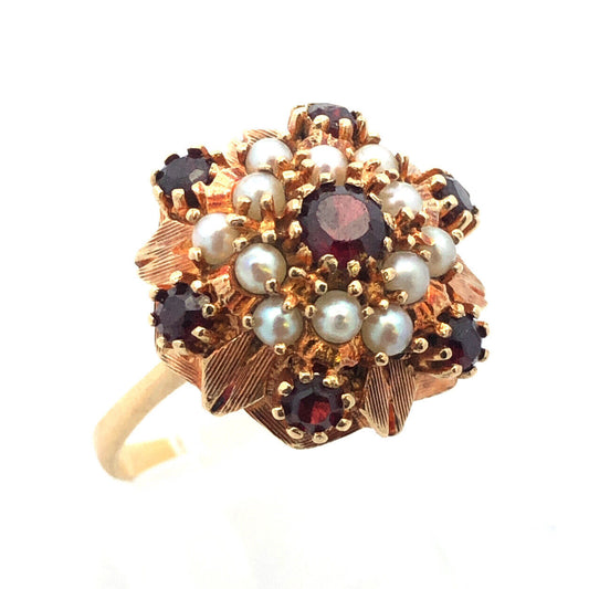 Designer 14k Yellow Gold Round Garnet Pearl Hexagon Cluster Dome Size 6.5 Ring