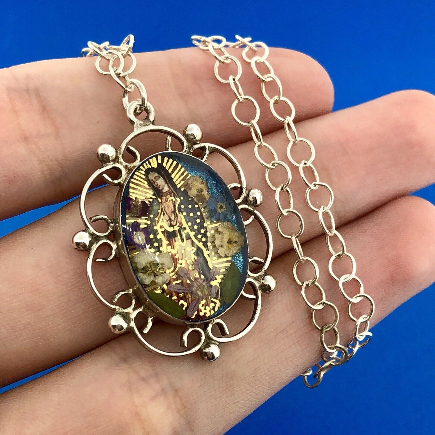 Designer ATI Sterling Silver 925 Resin Mary Religious Scroll Bead Necklace