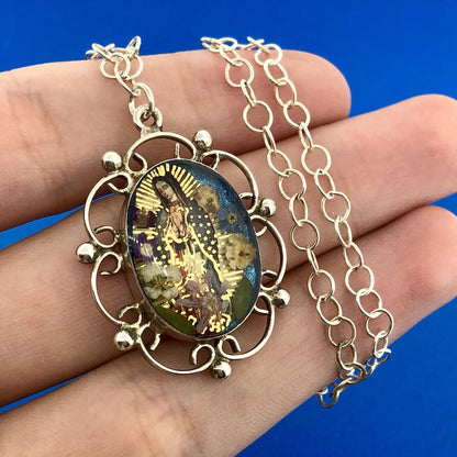 Designer ATI Sterling Silver 925 Resin Mary Religious Scroll Bead Necklace