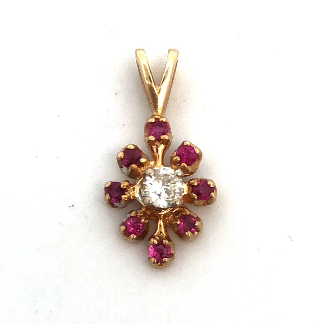 14K Yellow Gold Ruby Diamond Flower Floral Drop Charm Pendant