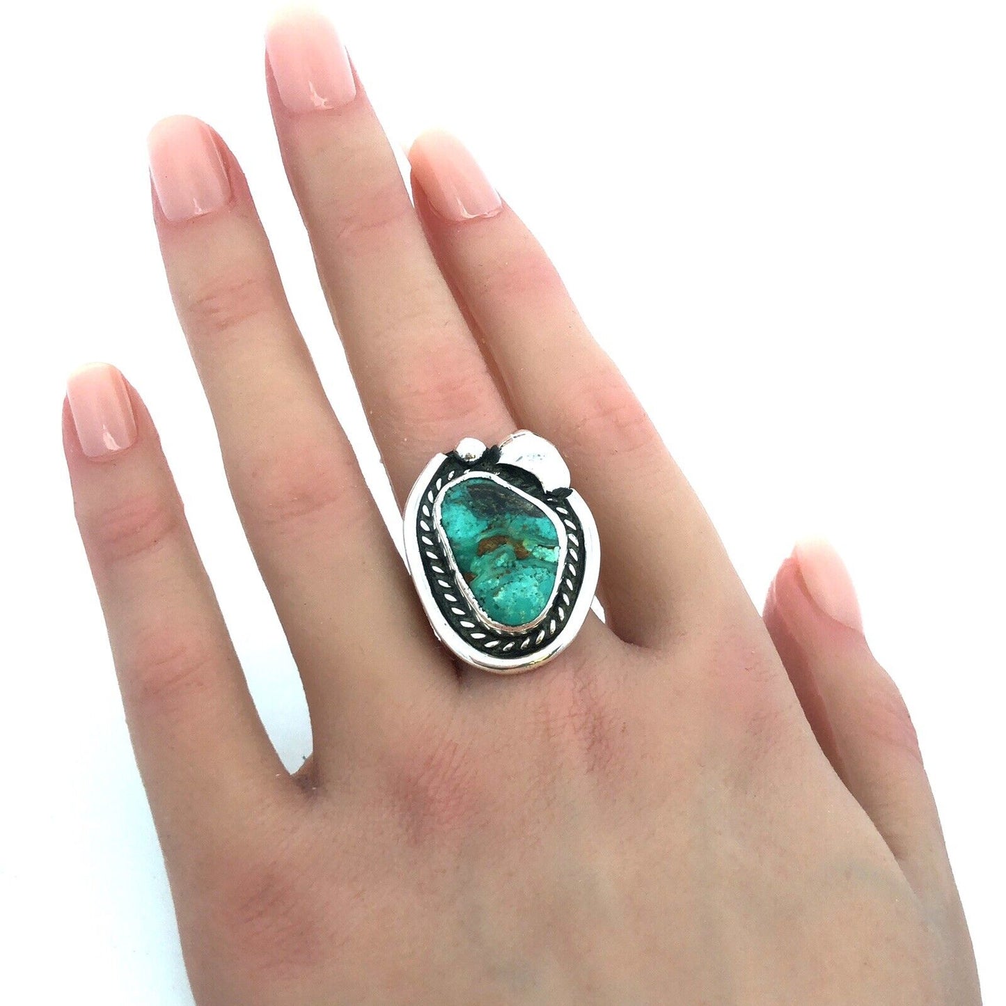 Native American 925 Sterling Silver Chunky Turquoise Statement Finger Ring