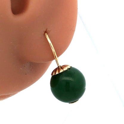 Estate 14K Yellow Gold Round Jade Ball Hook Dangle Earrings