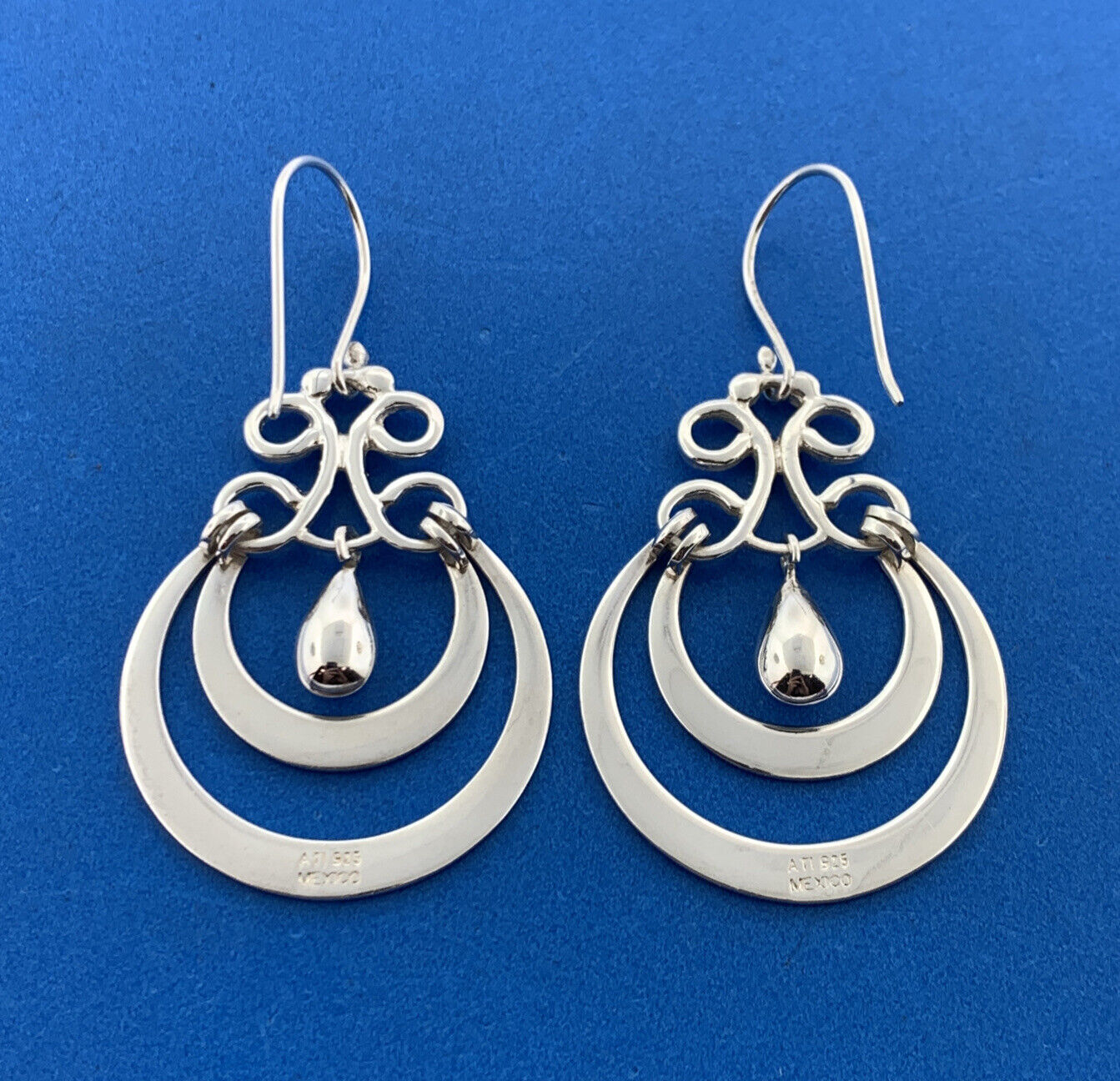 Designer ATI Mexico Sterling Silver Double Hoop Dangle Drop Statement Earrings