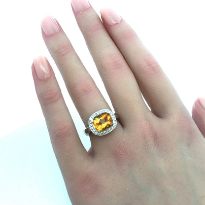 Stunning Designer 14K White Gold Citrine Diamond Cushion Cut Halo Ring Size 6.5