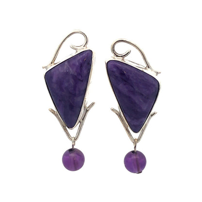 Vintage 925 Sterling Silver Triangle Charoite Amethyst Statement Stud Earrings