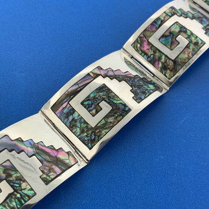 Vintage Los Ballesteros Taxco 925 Sterling Silver Abalone Panel Cuff Bracelet
