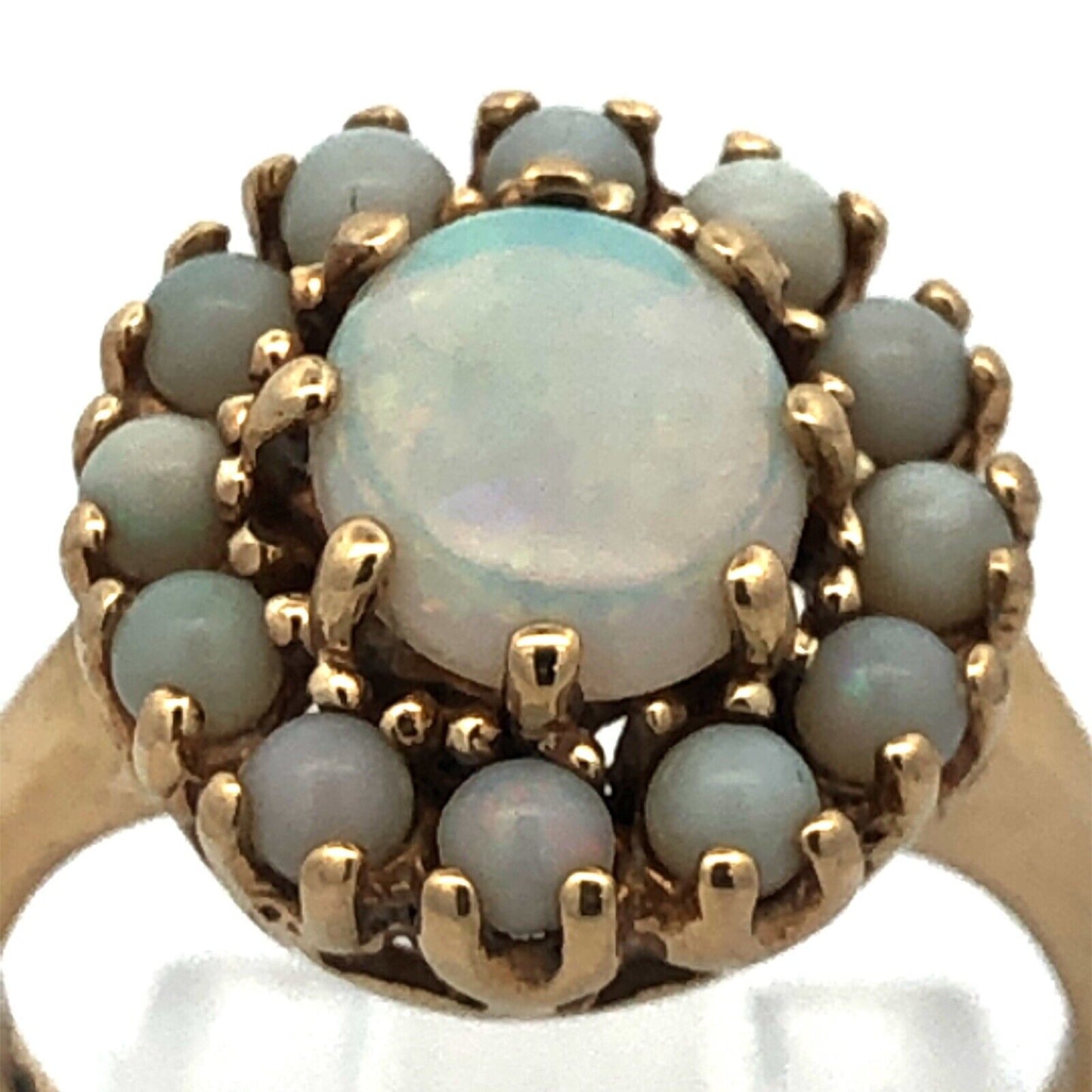 Designer 10K Yellow Gold Oval Opal Cluster Halo Statement Cocktail Ring