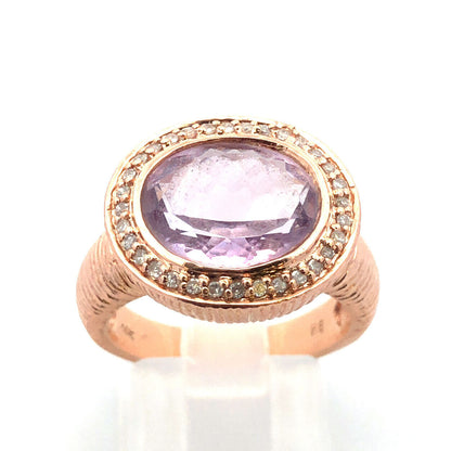 Designer 14K Rose Gold Oval Amethyst Diamond Halo Statement Size 7 Cocktail Ring