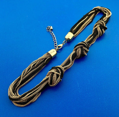 Ladies Gold And Black Tone Oval Cable Link 14 Strand Knotted Statement Necklace