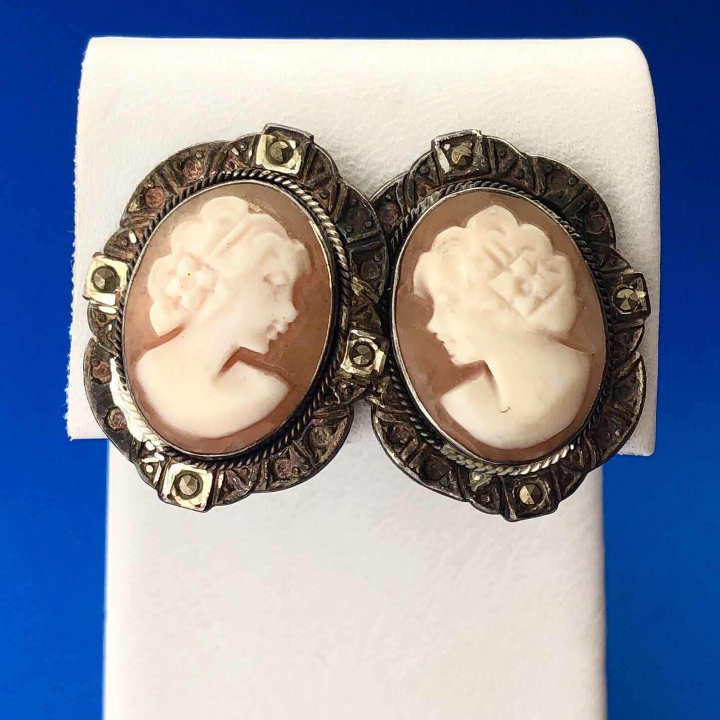 Victorian 925 Sterling Silver Carved Cameo Marcasite Statement Stud Earrings