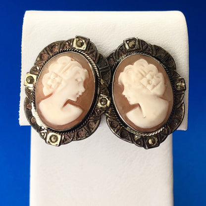Victorian 925 Sterling Silver Carved Cameo Marcasite Statement Stud Earrings