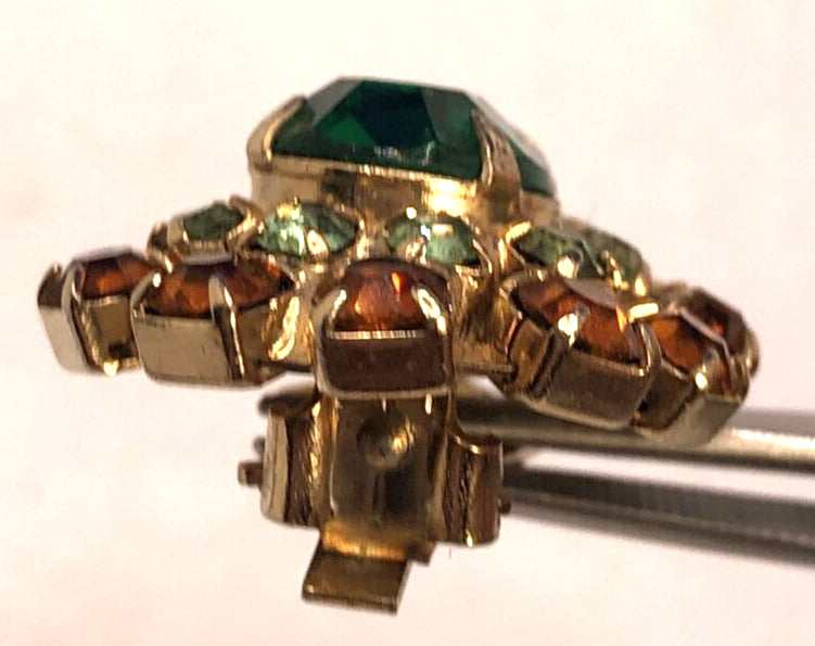 Vintage Gold-Tone Green & Orange Rhinestone Statement Clip Earrings Brooch Set