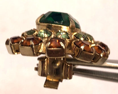 Vintage Gold-Tone Green & Orange Rhinestone Statement Clip Earrings Brooch Set
