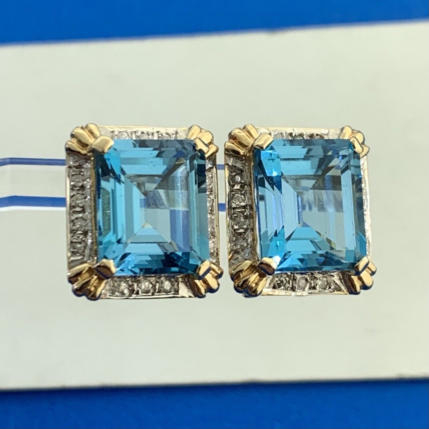 Designer 14K Yellow Gold Emerald Cut Blue Topaz Diamond Halo Omega Back Earrings