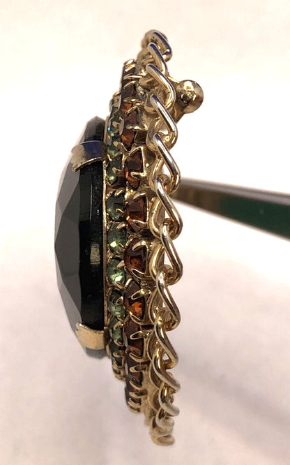 Vintage Gold-Tone Green & Orange Rhinestone Statement Clip Earrings Brooch Set