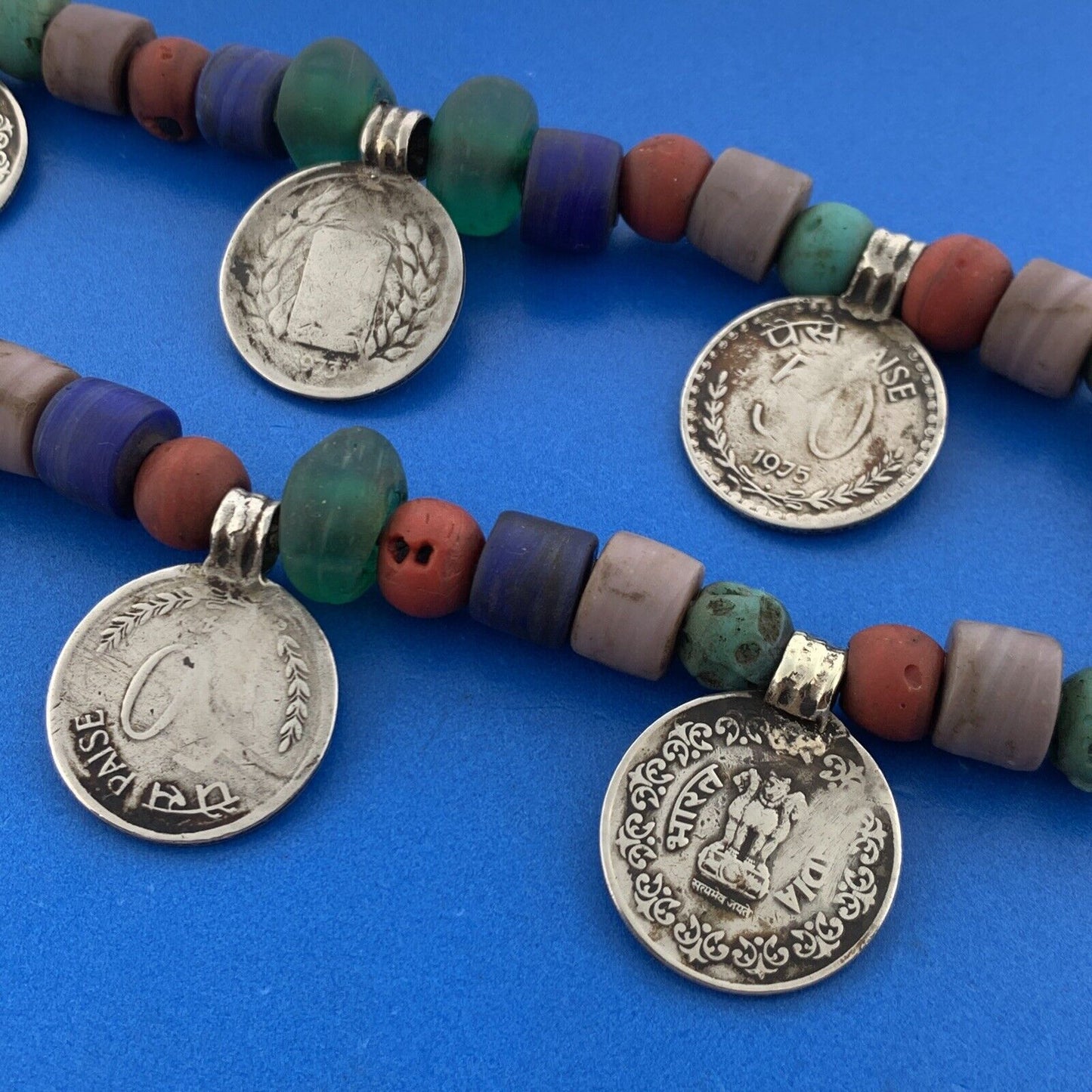 Mid Century Bakelite Art Glass Carved Cinnabar Beaded India Coinage Necklace