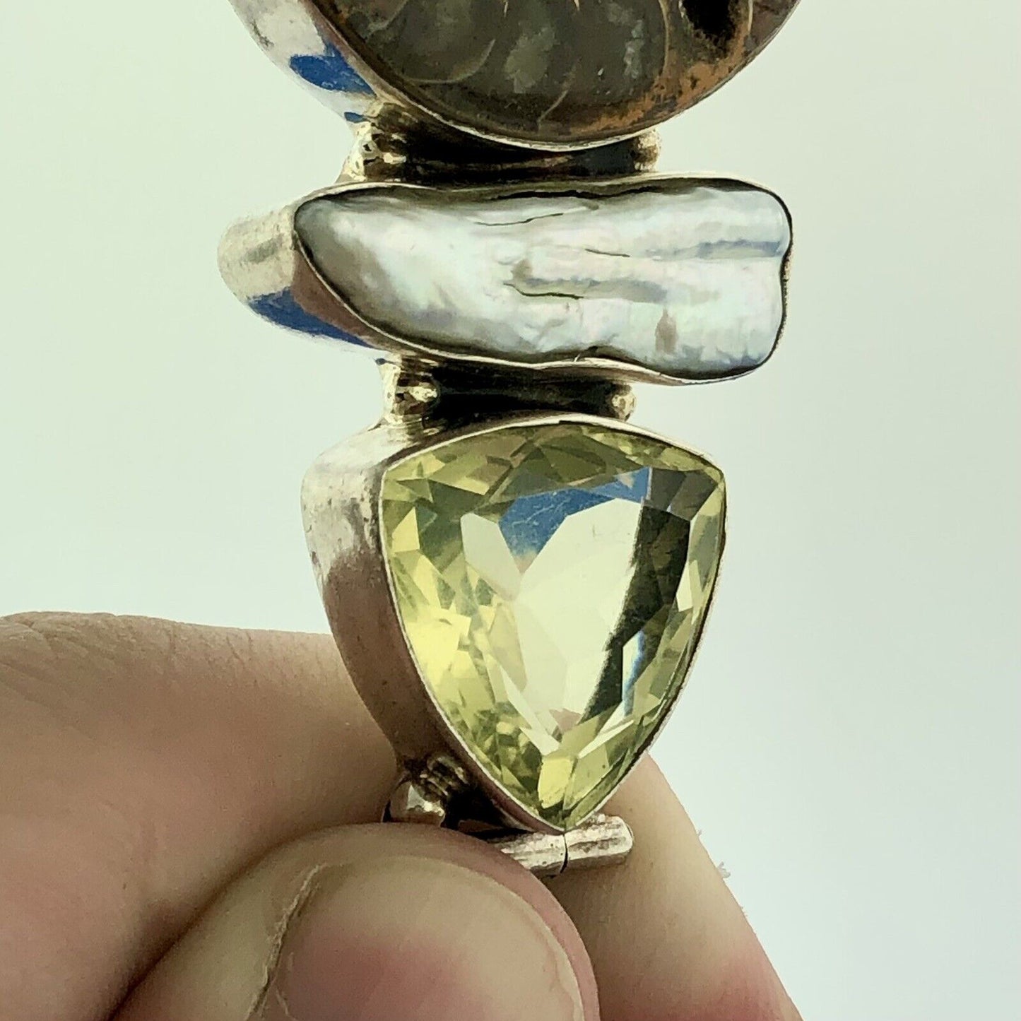 Sterling Silver 925 Lemon Quartz Mother Of Pearl Fossil Ammonite Large Pendant