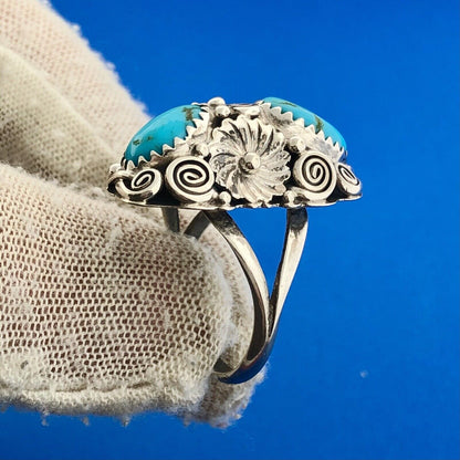 Stunning Sterling Silver 925 Cabochon Turquoise Spiral Floral Finger Ring Size 8